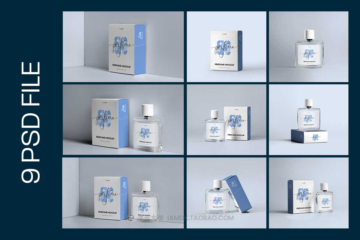 9款时尚化妆品香水玻璃瓶包装纸盒设计PS展示贴图样机模板 9 Perfume Packaging Mockups插图6