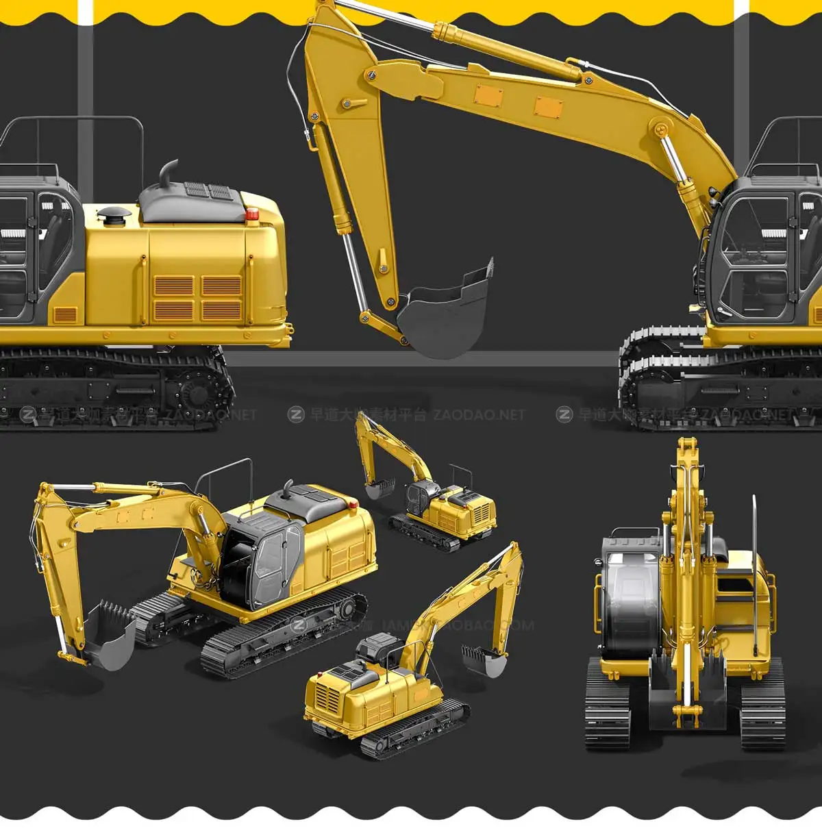 32款高级质感APP网站界面设计工程机械施工设备勾机3D模型样机PS设计素材 PSD Mockup 3D model Heavy Machines – Track Excavator #6插图1