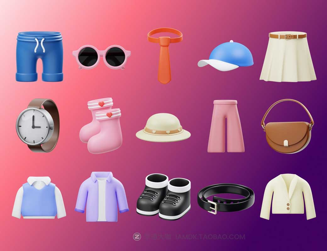 Blender模型 15款时尚卡通有趣服装商城APP界面设计3D立体图标Icons设计素材 Fashion 3D Icon插图1