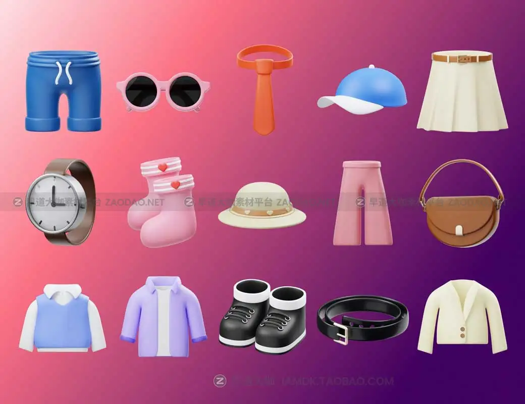 Blender模型 15款时尚卡通有趣服装商城APP界面设计3D立体图标Icons设计素材 Fashion 3D Icon插图1