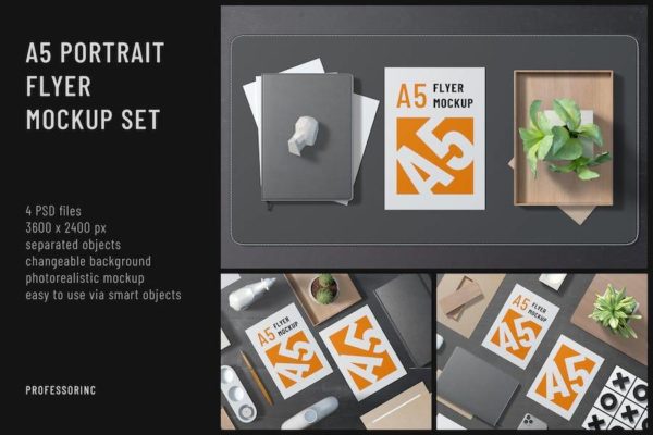 时尚A5传单海报单页设计PS智能贴图展示样机模板素材 A5 Portrait Flyer Mockup Set