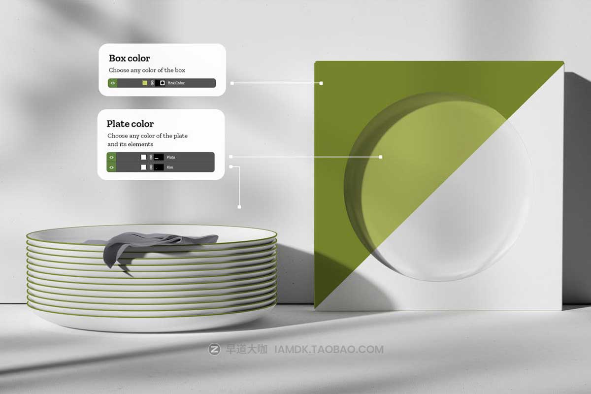 7款时尚陶瓷餐具盘子包装盒设计PS智能贴图样机模板素材 7 Ceramic Dinner/Dessert Plate Mockups vol.2插图1