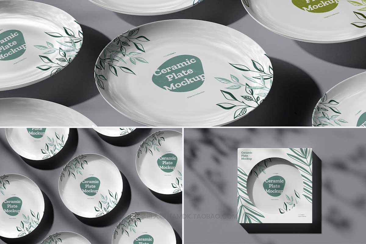 7款时尚陶瓷餐具盘子包装盒设计PS智能贴图样机模板素材 7 Ceramic Dinner/Dessert Plate Mockups vol.2插图5