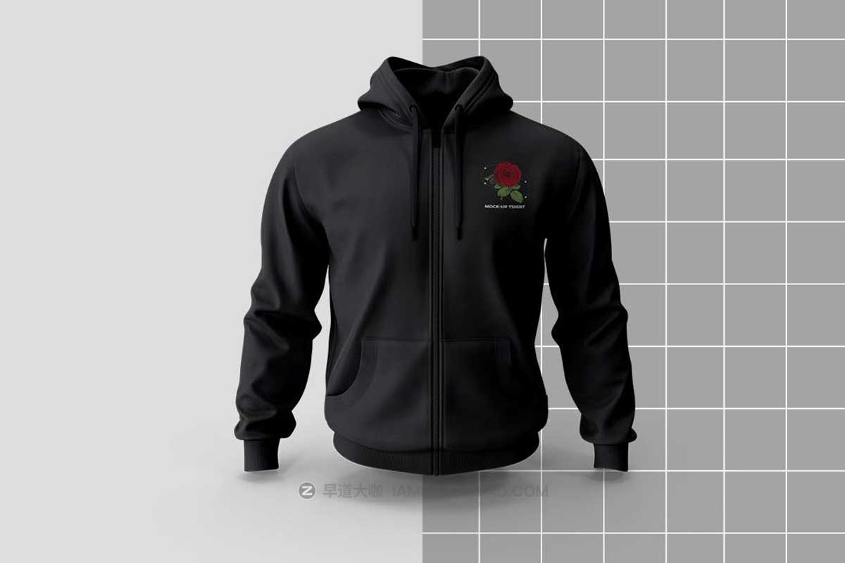 潮流嘻哈街头套头连衣帽拉链卫衣设计PSD样机模板素材 Zipper Black Hoodie Mockup插图1