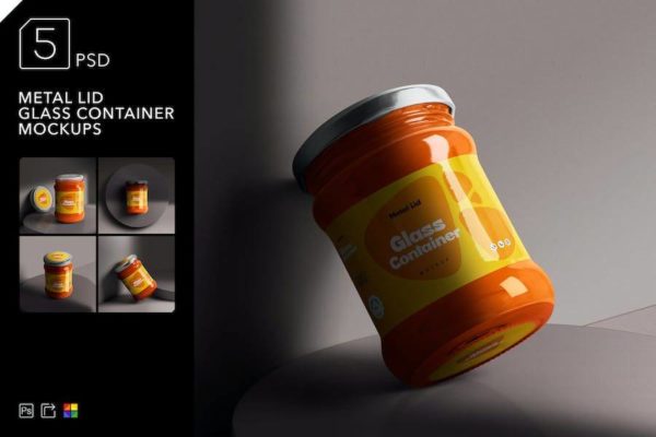 逼真蜂蜜食品玻璃瓶包装罐贴纸设计展示效果图PSD样机模板素材 Metal Lid Glass Container Mockups