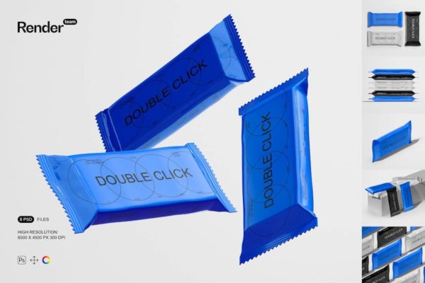 高级小零食小吃糖果饼干塑料包装袋设计PS贴图展示样机模板 Snack Bar Mockup Set