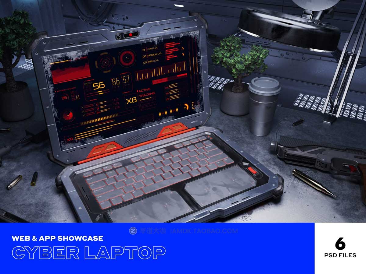 未来派赛博朋克末日科幻场景UI界面设计展示笔记本电脑样机PSD模板 Cyber Laptop Mockups插图1