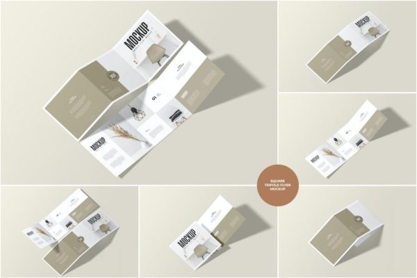6款时尚方形三折页小册子设计展示效果图PSD样机模板素材 Square Trifold Flyer Mockup