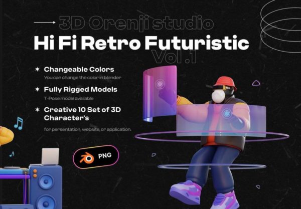 Blender模型 10款高级复古未来派个性卡通创意人物运动场景3D插图设计素材 3D Hi Fi Retro Futuristic Character