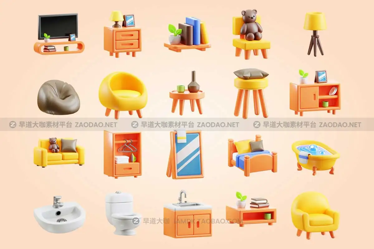 Blender模型 20款独特卡通家具元素3D立体图标Icons设计素材包 3D Furniture Element Icon Vol 2插图3
