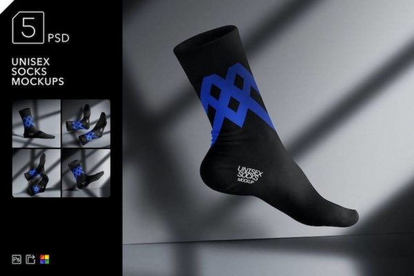 逼真中性棉线袜子印花图案设计展示效果图PSD样机模板素材 Unisex Socks Mockups