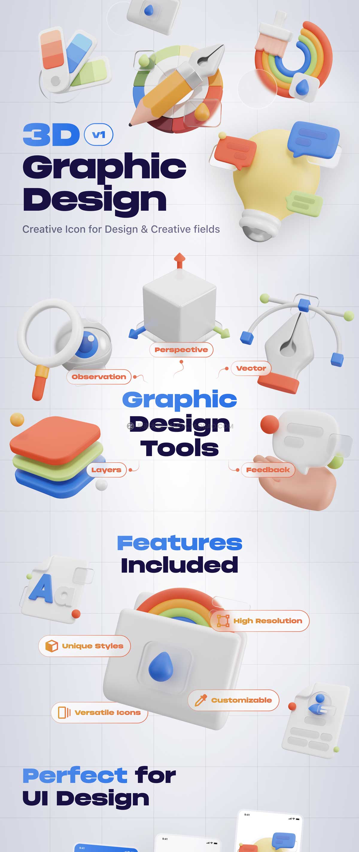Blender模型 20款创意卡通3D立体设计师灵感制图绘画插图插画设计素材 Graphy – Graphic Design 3D Icon Set插图1