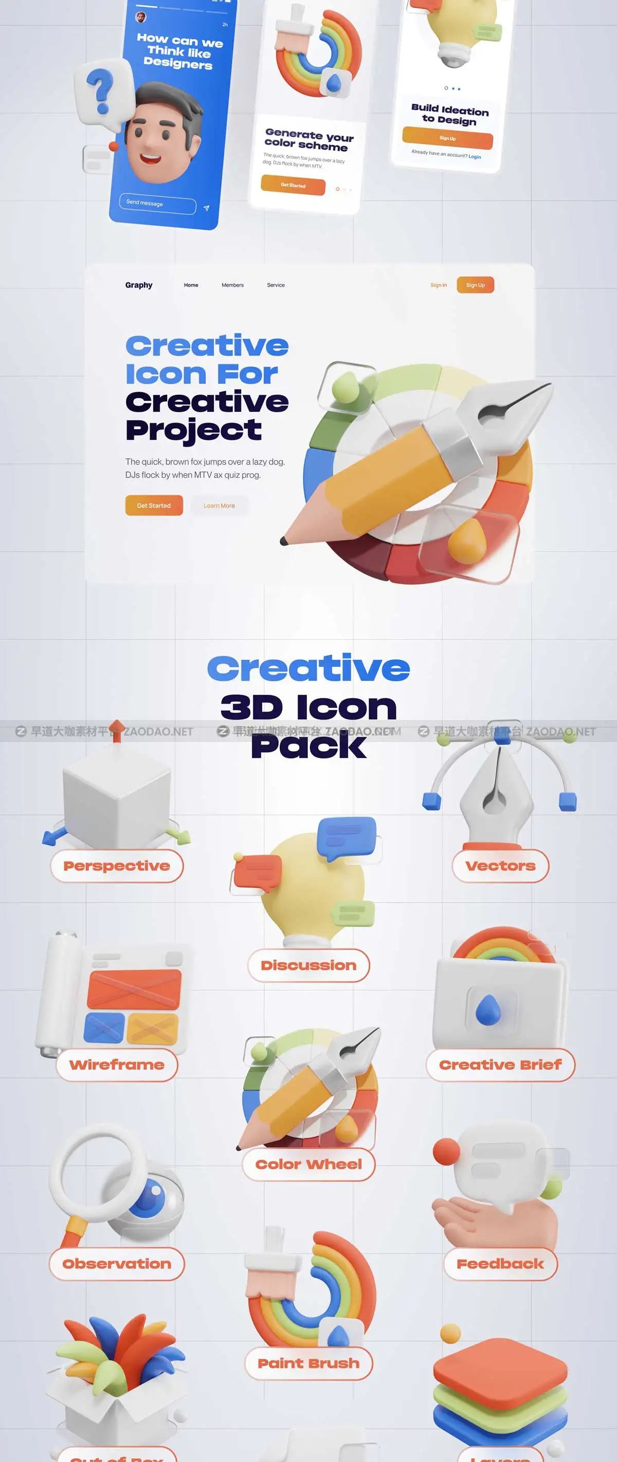 Blender模型 20款创意卡通3D立体设计师灵感制图绘画插图插画设计素材 Graphy – Graphic Design 3D Icon Set插图2