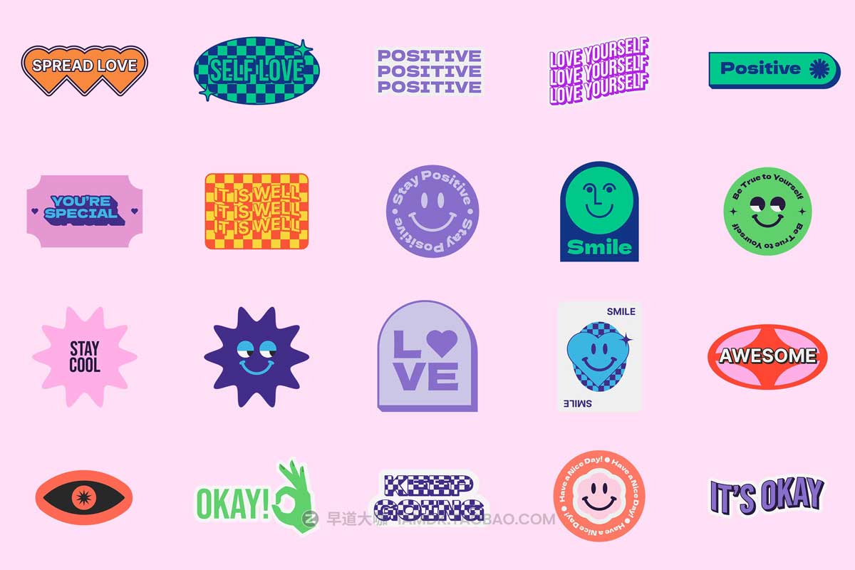 100款潮流复古趣味卡通Y2K贴纸标签设计素材AI矢量源文件 Retro Sticker Pack Vol.4插图7