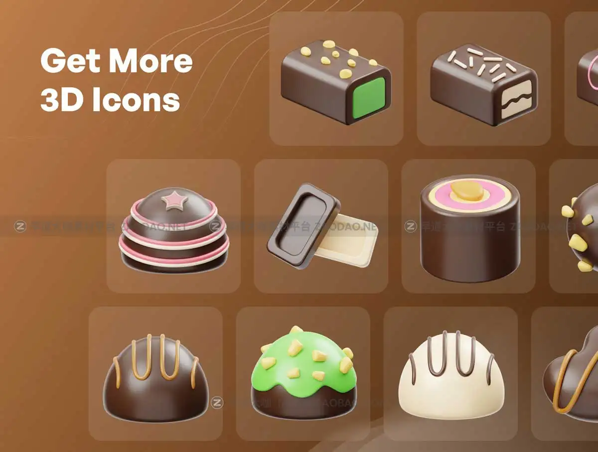 Blender模型 20款卡通有趣巧克力糕点甜点3D三维图标Icons设计素材 Chocolate 3D Icon插图4