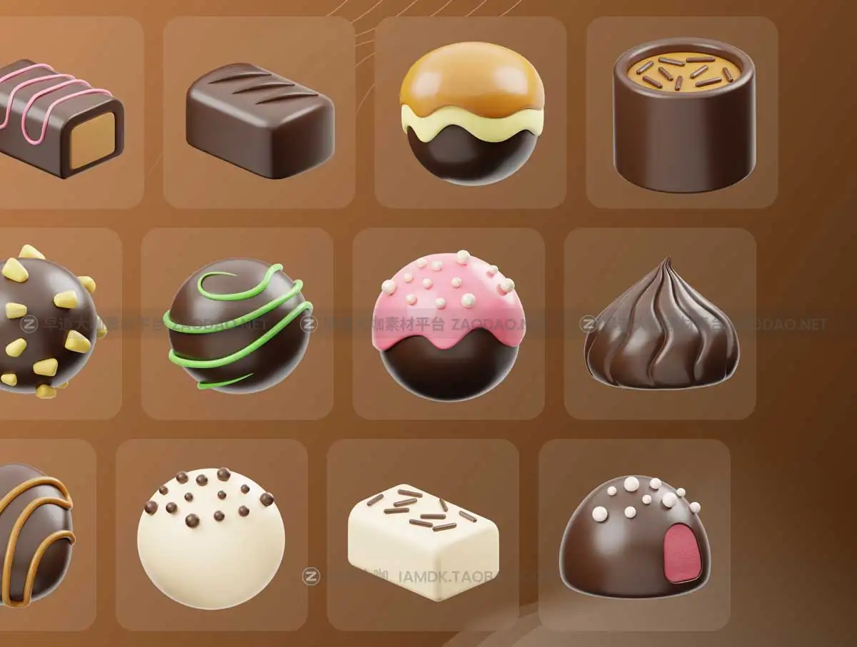 Blender模型 20款卡通有趣巧克力糕点甜点3D三维图标Icons设计素材 Chocolate 3D Icon插图5