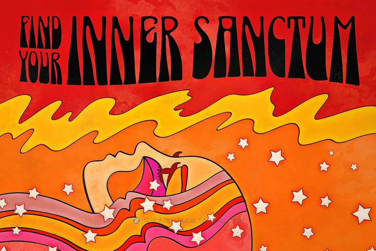 60年底复古迷幻逆反差扭曲海报标题LOGO设计PSPROCREATE西文字体安装包 Psychedelic Xylophones Font插图4