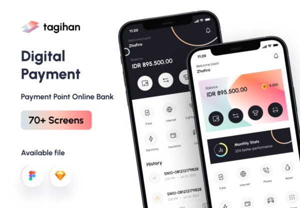 70+屏时尚银行金融理财电子钱包APP软件界面设计UI套件素材 Tagihan Payment Point Online Bank App