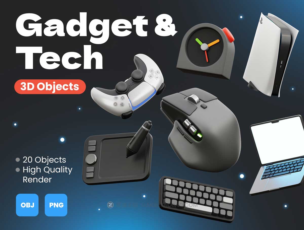 Blender模型 20款高级电脑游戏VR设备3D图标Icons设计素材包 3D Gadget and Tech插图