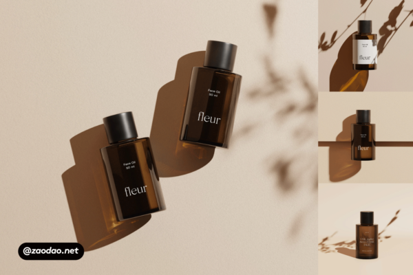 4款高级优雅化妆护肤品精华包装瓶纸盒设计展示贴图PSD样机模板 Fleur Bottle Mockups