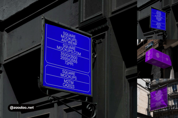 10款高级欧美风城市街头商场门店墙体LOGO旗帜标牌设计PS展示贴图样机模板 Shop Sign Mockup Scene Brussels Series Vol 1