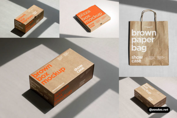 5款高级鞋盒披萨纸盒购物手提纸袋设计PS展示贴图样机模板 BB_Brown Series Bundle