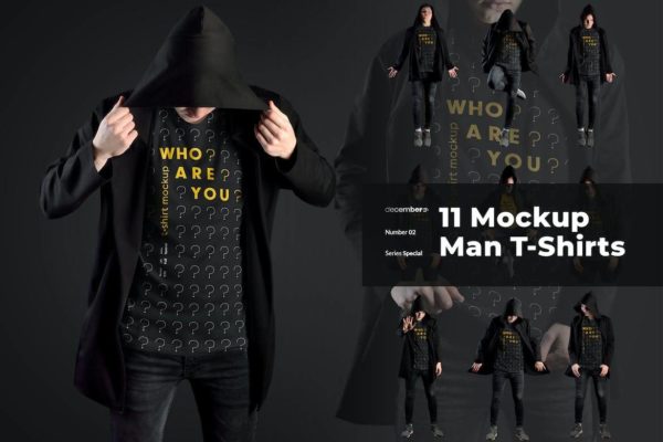 11款街头嘻哈男士套头连衣帽卫衣T恤印花图案设计展示PS智能贴图样机模板 11 Mockups Man T-Shirts in a Black Hood Mantle