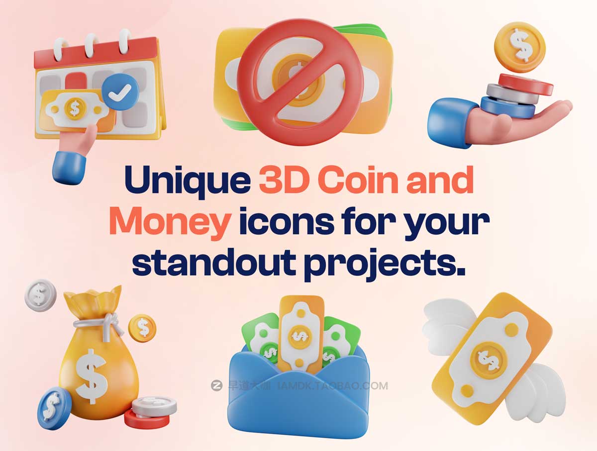 Blender模型 20款卡通趣味质感金钱硬币货币3D图标Icons设计素材合集 Mony – Money & Currency 3D Icon Set插图1