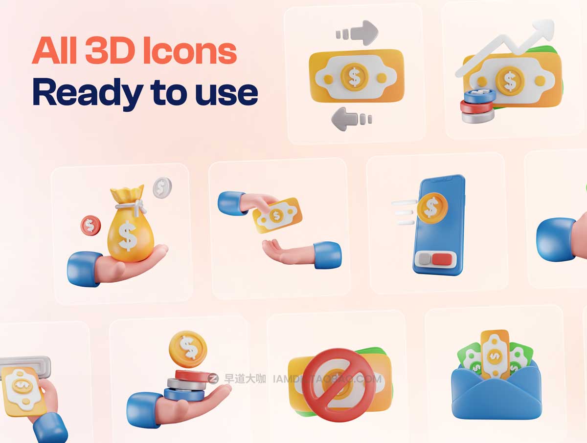Blender模型 20款卡通趣味质感金钱硬币货币3D图标Icons设计素材合集 Mony – Money & Currency 3D Icon Set插图6