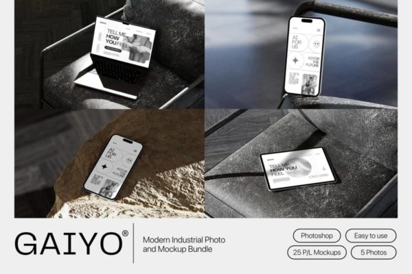 25款时尚iPhone手机iPad页面设计贴图Ps展示效果图样机模板素材 Gaiyo – Industrial Mockup Bundle