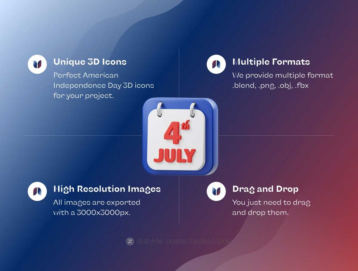 Blender模型 15款卡通趣味美国独立日主题3D立体图标Icons设计素材包 American Independence Day 3D Icon插图2