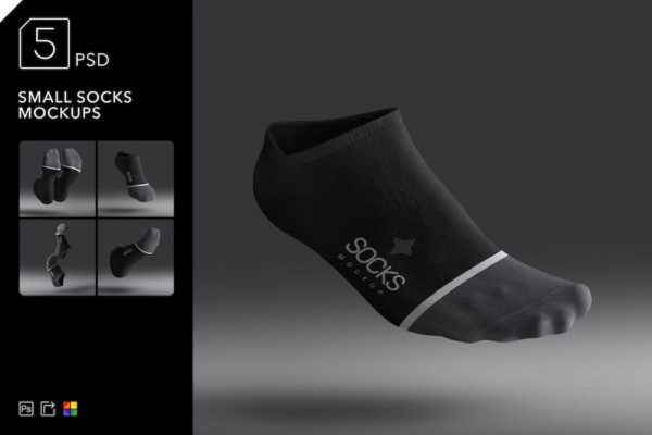 逼真低帮短装棉线袜子印花图案设计PS展示效果图样机模板素材 Small Socks Mockups