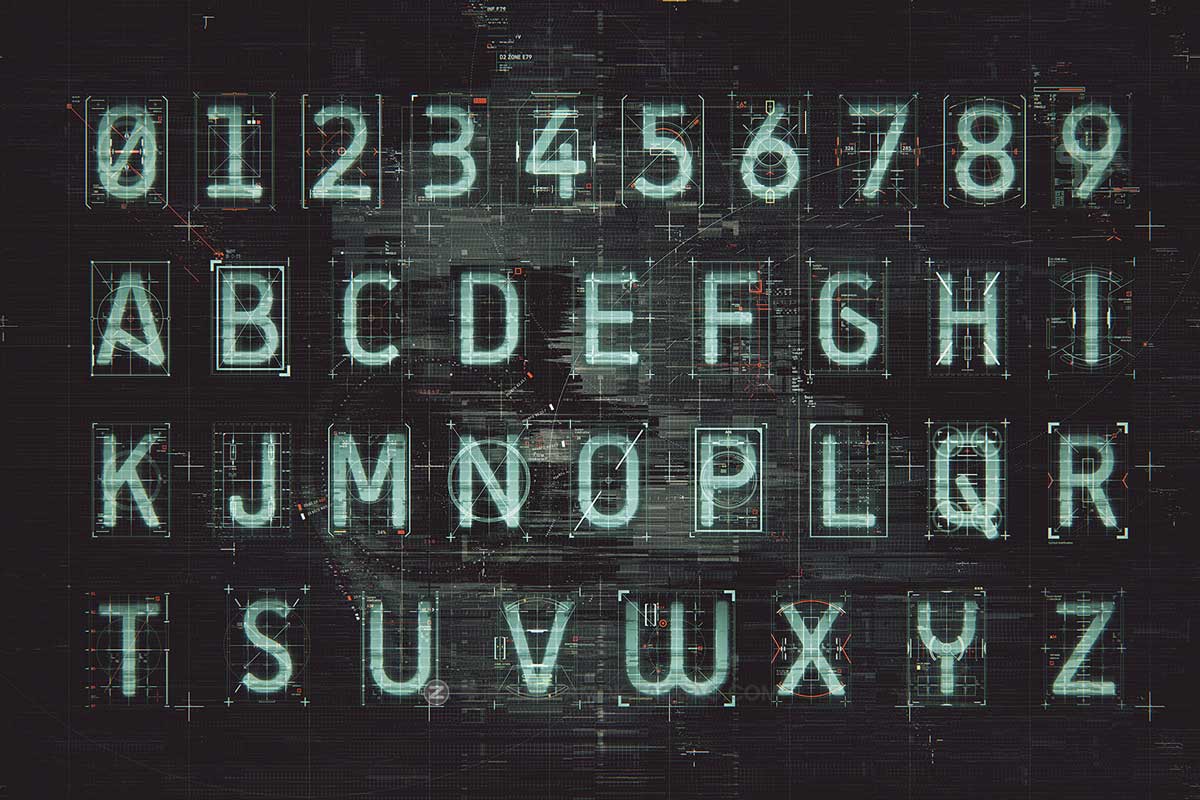 未来科幻赛博朋克毛刺效果HUD装饰大写英文字体设计素材包 HUD Alphabet Kit插图3