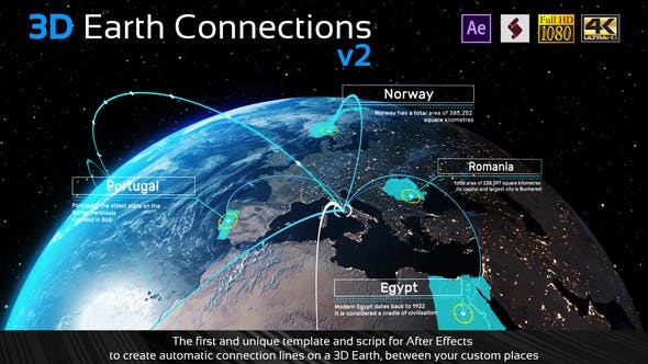 AE模板 科技感三维地球世界地图任意国家地点连线动画 Videohive – 3D Earth Connections V2插图2