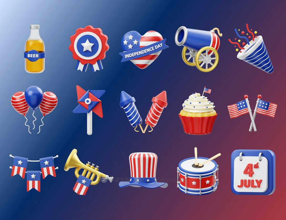 Blender模型 15款卡通趣味美国独立日主题3D立体图标Icons设计素材包 American Independence Day 3D Icon插图1