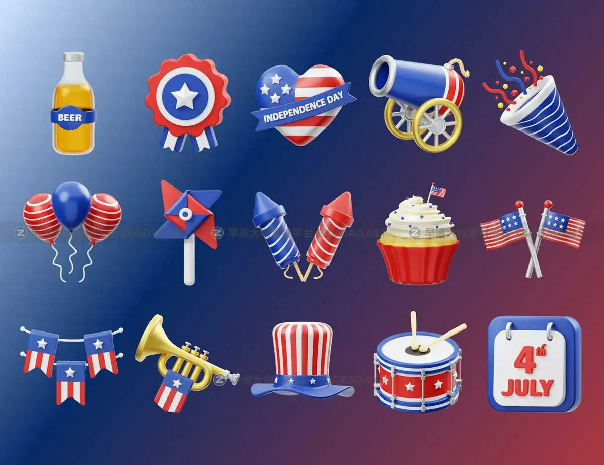 Blender模型 15款卡通趣味美国独立日主题3D立体图标Icons设计素材包 American Independence Day 3D Icon插图1