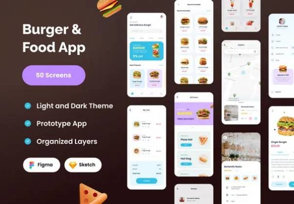 50屏高品质西餐汉堡订餐外卖送餐APP软件界面设计UI套件素材 Food Burger App