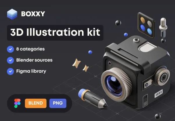 未来科幻赛博朋克电商游戏机械工业3D插图插画Blender/Figma格式设计素材 BOXXY 3D Illustration Kit