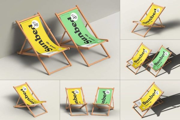 时尚木质沙滩日光浴懒人折叠帆布躺椅设计展示贴图PSD样机模板素材 Sunbed Mock-up
