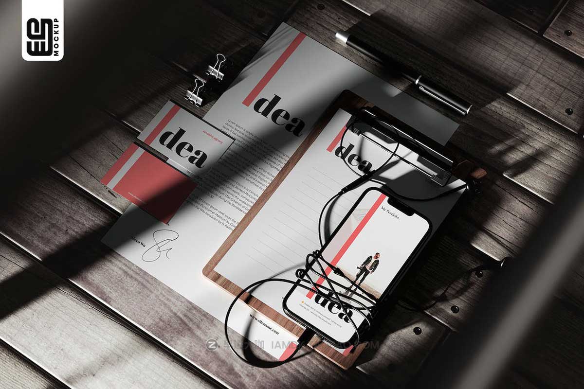 时尚品牌VI标志LOGO设计名片信纸文件夹iPhone 14手机办公用品展示贴图PSD样机模板 Corporate Brand Identity Mockup插图3