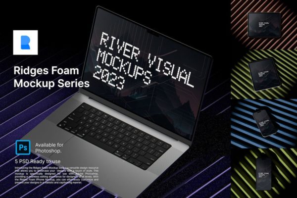 未来工业风苹果MacBook笔记本iPad平板iPhone 14手机屏幕演示PSD样机模板 Ridges Foam Mockup Series