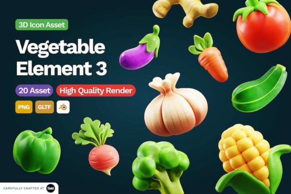 20款独特卡通蔬菜植物元素3D图标Icons设计素材包 3D Vegetable Element Icon Vol 3