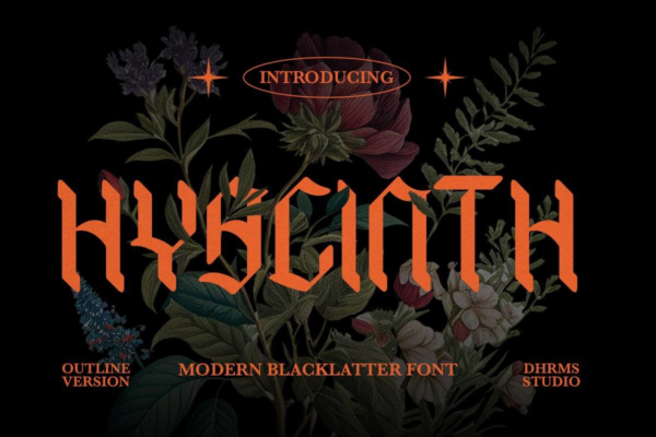 现代优雅复古老式哥特式杂志海报标题Logo纹身PSAI英文字体安装包 Hyacinth – Modern Blackletter Font