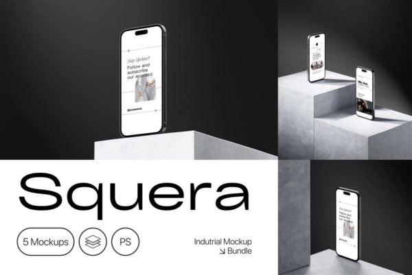 5款时尚APP界面设计苹果iPhone 14 Pro屏幕演示PS展示贴图样机模板素材 Squera – Minimal iPhone Mockup