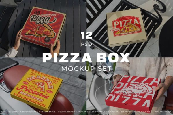 12款高级西餐披萨外卖包装纸盒外观设计展示效果图PSD样机模板合集 Pizza Box Mockups Set