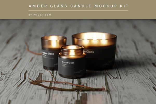 20款时尚琥珀香薰蜡烛玻璃包装罐外观贴纸设计PS展示贴图样机模板 Amber Glass Candle Mockup Kit