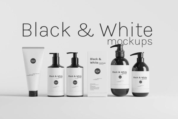 159款时尚化妆品护肤品软管挤压瓶包装盒设计PS展示贴图样机模板 Black & White Mockups – Pump Bottles