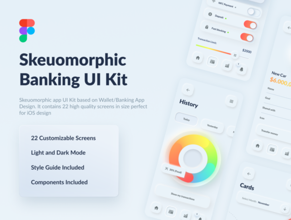 22屏时尚银行钱包理财APP软件界面设计Figma模板素材套件 Skeuomorph Wallet Banking App UI Kit