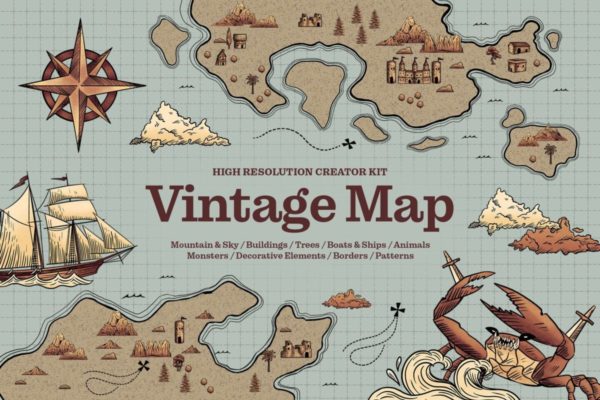复古地下城游戏主题航海地图小岛大陆远古海妖海怪冒险插图插画图片PS分层设计素材 Vintage Map Creator Kit