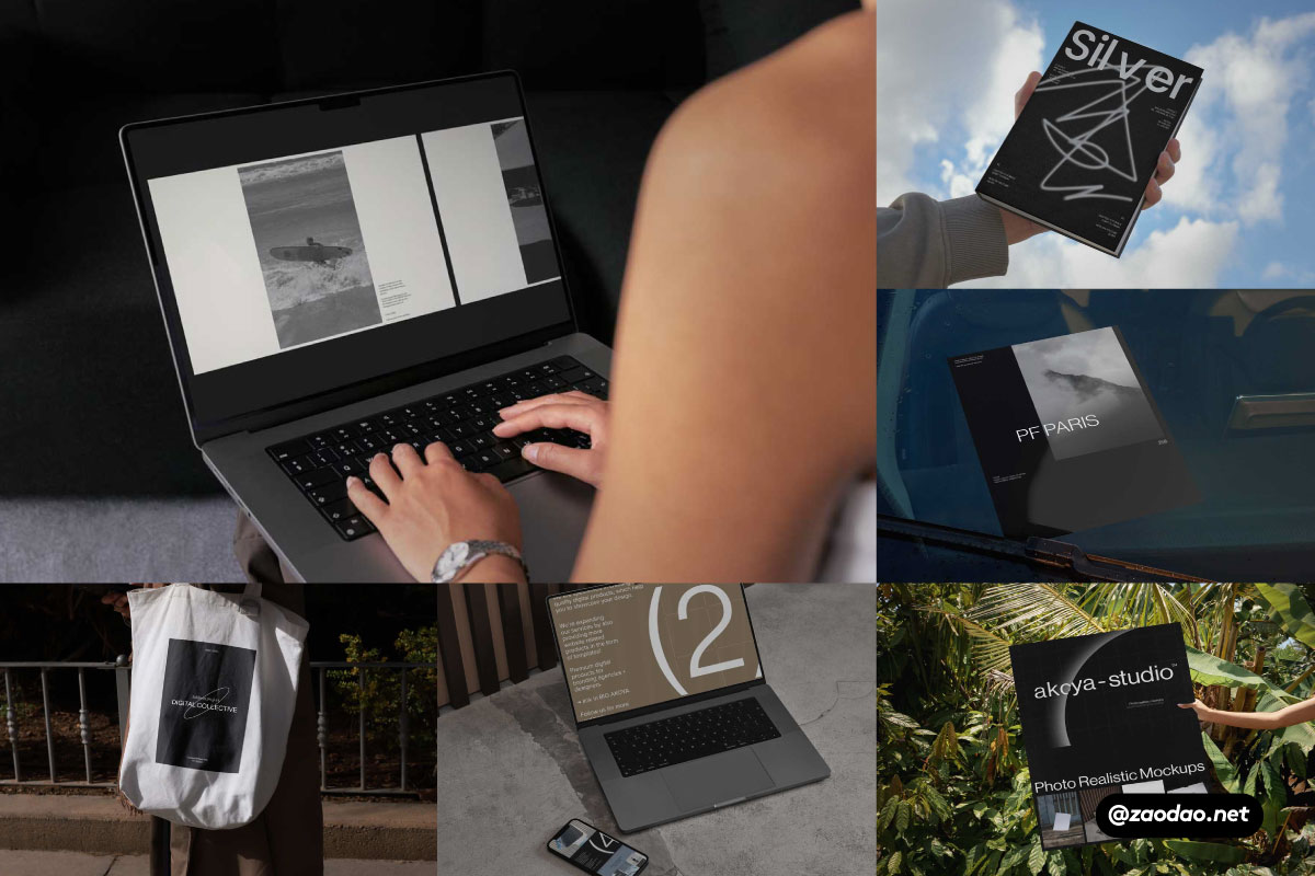 8款时尚品牌LOGO设计海报服装MacBook电脑iPhone手机展示贴图PSD样机模板 Akoya Studio – Brand mockup collection 01插图